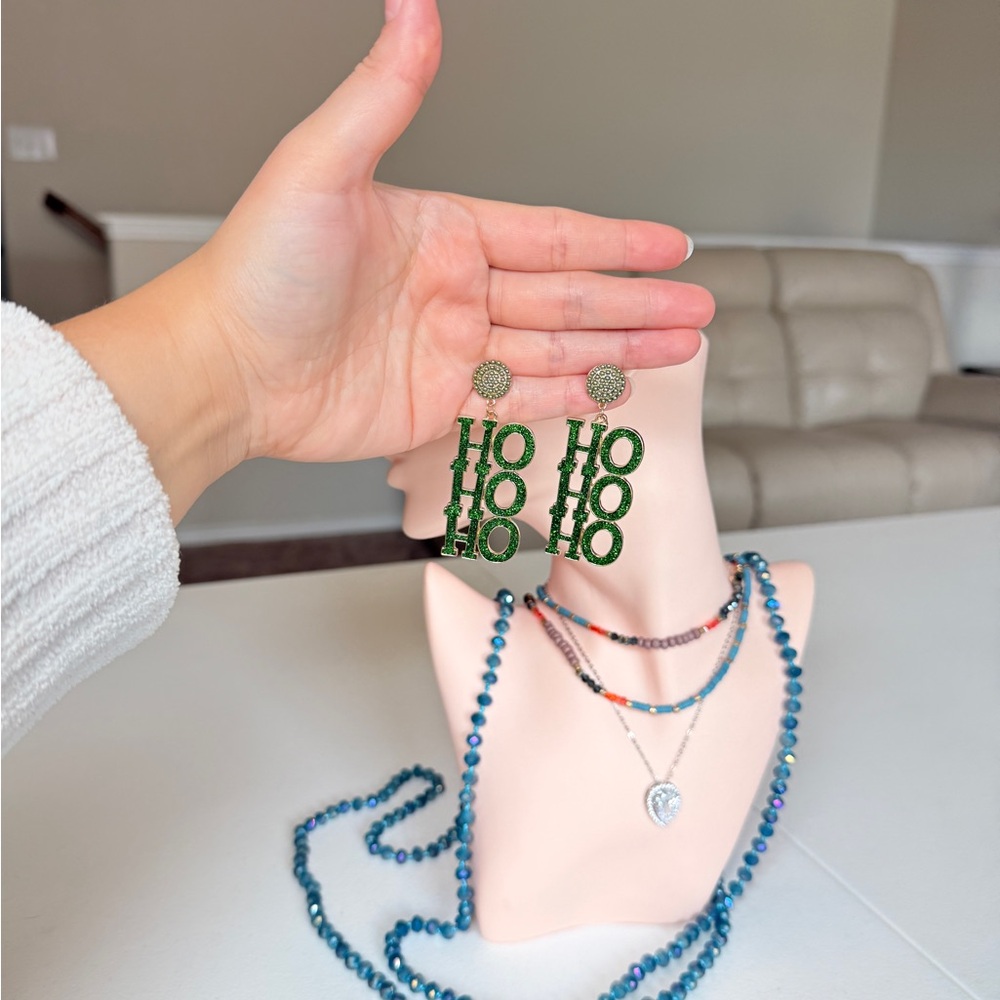 Green 'HO HO HO' Glitter Drop Earrings - Picture 7 of 9